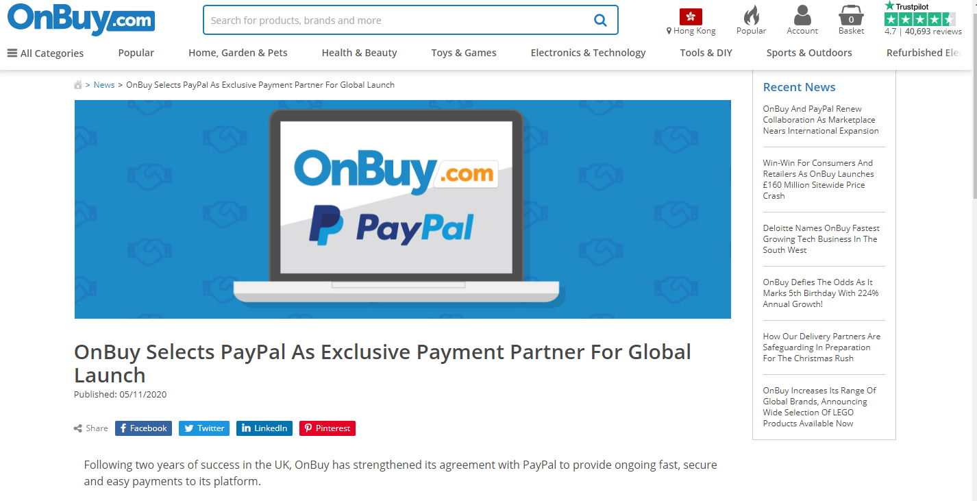 Onbuy加快全球扩张速度！PayPal与其建立长期合作伙伴